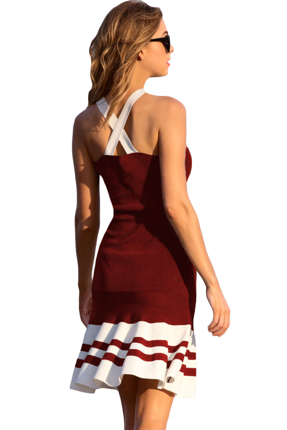 BY220373-3 Burgundy White Cute Ruffle Hem Mini Dress